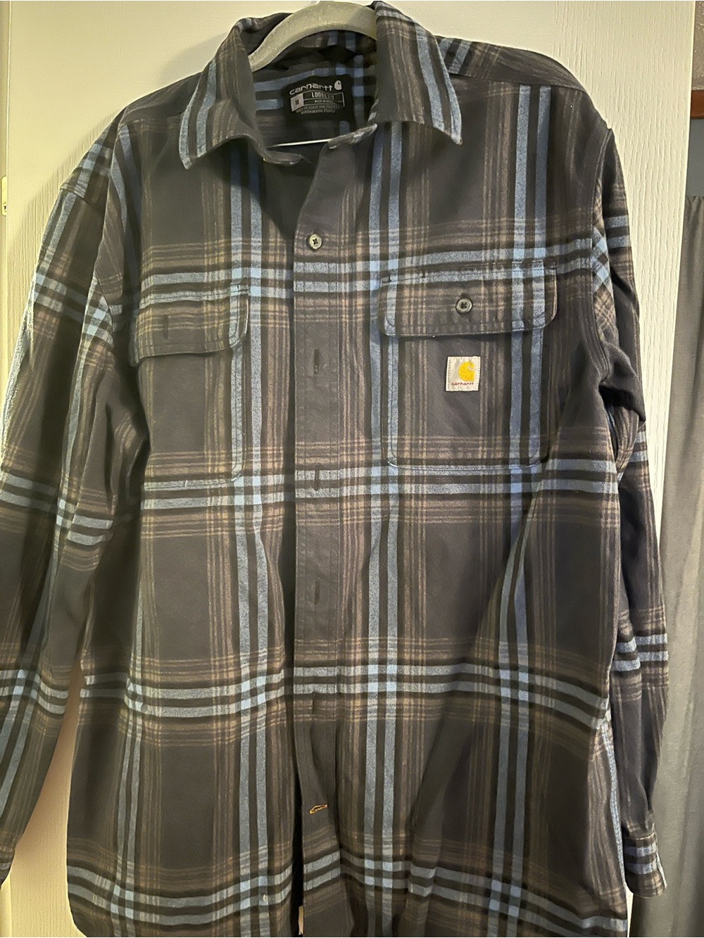 Carhartt Men's Gray and blue Plaid Shirt Jacket with Light Blue Stripes
